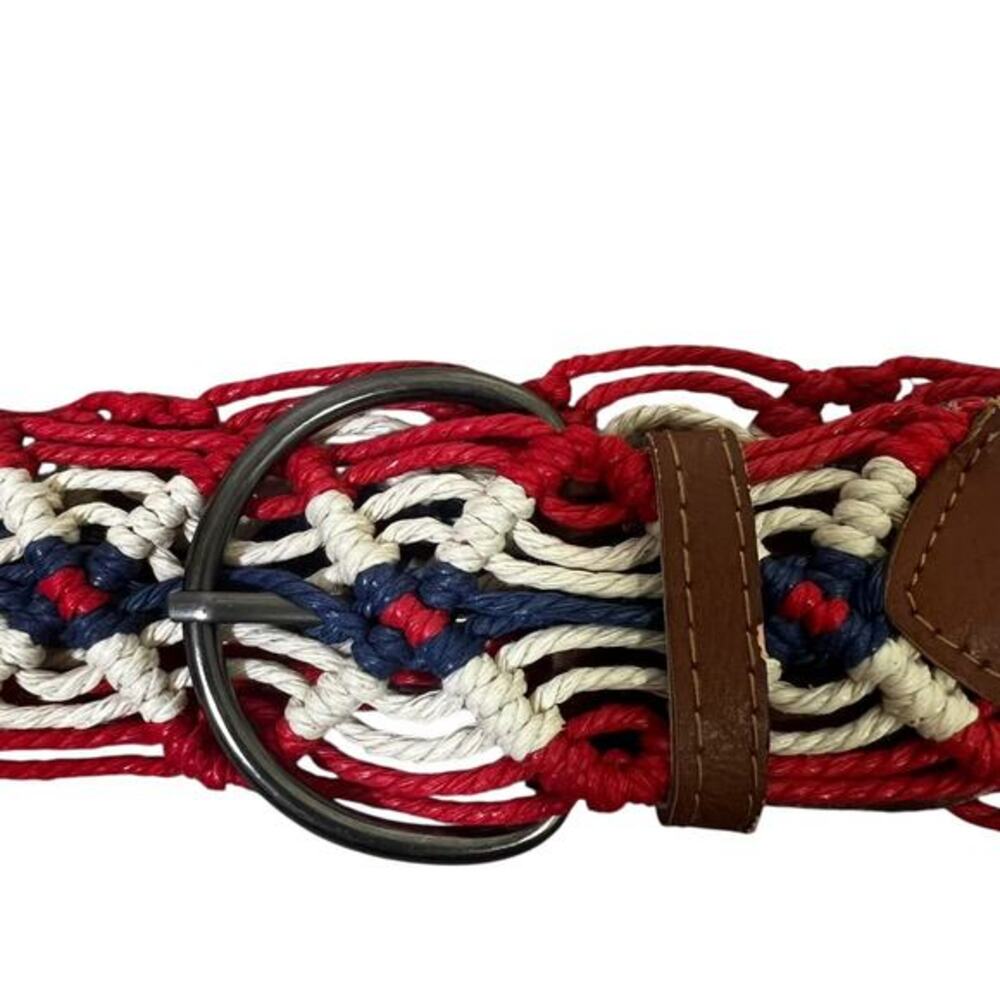 Red White Blue USA Woven Macrame Rope Belt Womens 9 Boho Coastal Western - Picture 3 of 7
